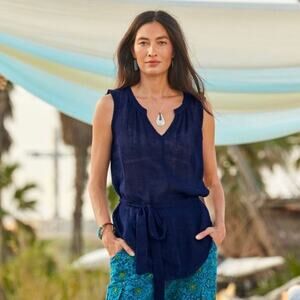 Sundance Galene Linen Tank Top Longer Length Tunic Blue Belted Women's XS